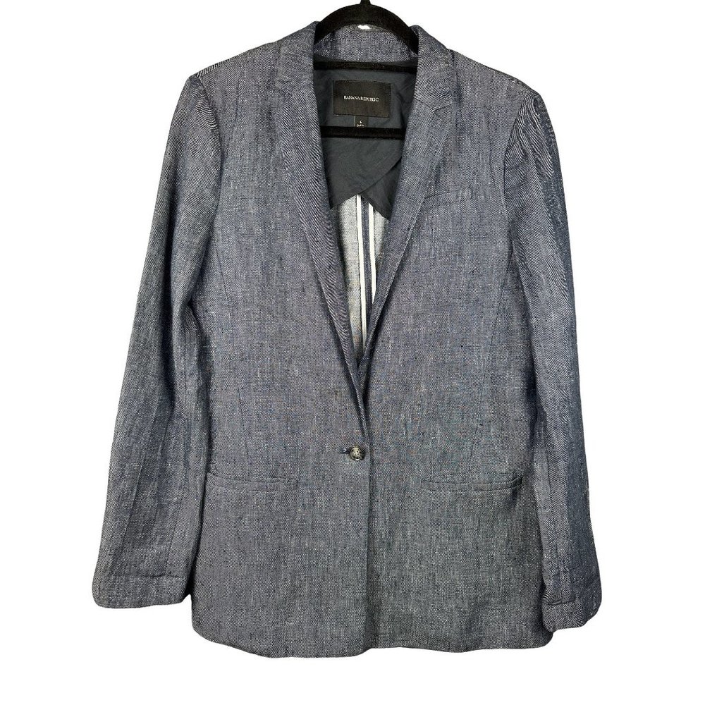 BANANA REPUBLIC Womens Chambray 100% Linen Boyfriend Blazer Size 6 Blue - Picture 2 of 7